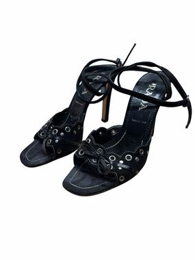 Prada Black Suede Studded Grommet Ankle Bow Vintage Sandals Heels